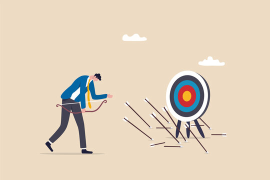 Failure missed all business target, loser mistake or error, unsuccessful, despair or disappointment from losing opportunity concept, frustrated businessman archery disappoint on his off target arrows.