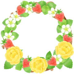 黄色いバラのフラワーリース（水彩画）／Yellow rose flower wreath (watercolor painting)