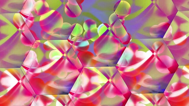 カラフルな六角形のガラスと球体が回転する抽象的背景