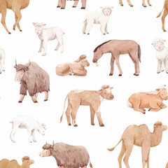 Beautiful seamless pattern with cute watercolor hand drawn wild animals. Horse camel cow yak families. Stock illustration.