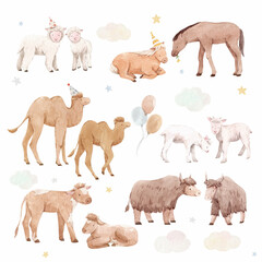 Beautiful set with cute watercolor hand drawn wild animals. Horse camel cow yak families. Birthday party. Stock illustration.