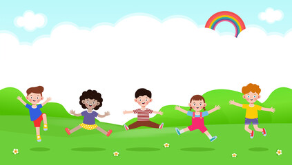 Happy children jumping and dancing together on the park, kids activities, children playing in playground, Template for advertising brochure,your text, flat Funny cartoon isolated vector Illustration