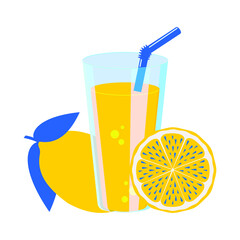 Lemon citrus juice in a glass transparent glass with a straw and a slice of exotic fruit. Healthy and healthy drink in a modern design on a white background. Vector.