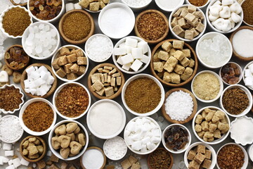 Mix of sugar varieties: unbleached, brown and white, refined and unrefined, granulated and cubes