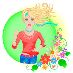 Obraz na płótnie Canvas A beautiful girl enjoying her life and life giving her flowers, vector illustration, advertising banner, for trade products