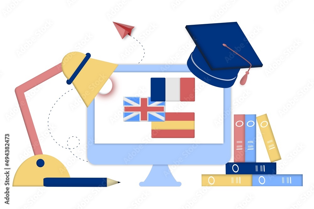 Poster modern 3d online languages learning class, language courses banner template for website and mobile a