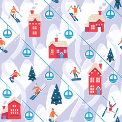 Ski resort. Skiers and snowboarders cartoon flat style. Ski resort. Winter sport activity. Seamless pattern - 494382488
