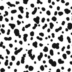 Dalmatian coloration seamless pattern. Black abstract organic blobs on white background. Black dalmatian spots on a white backdrop. Animal print. Vector hand drawn illustration.