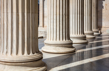Pillar column white marble. Justice building, court entrance colonnade, close up view