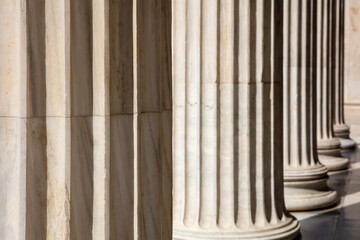 Pillar column white marble. Justice building, court entrance colonnade, close up view