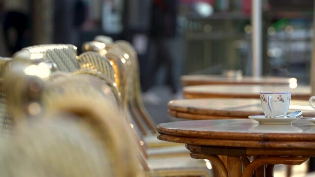 cup of espresso on the terrace of a cafe in Paris, France. video 4k.