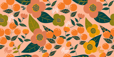 orange floral and seamless pattern set. Modern design for paper, cover, fabric, interior decor and other users.