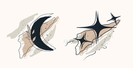 a set of abstract elements: moon, star. hand-drawn organic line, dot. isolated banner inside. minimalism, boho art style. for paper, print, banner, postcard. art vector