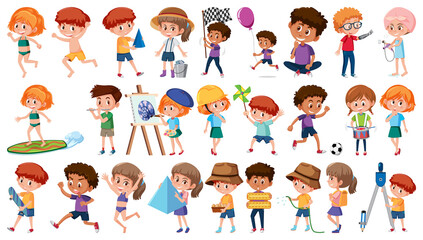 Set of children doing different activities on white background