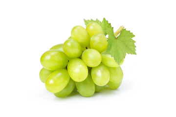 Bunch of fresh green grape with leaf isolated on white background. 