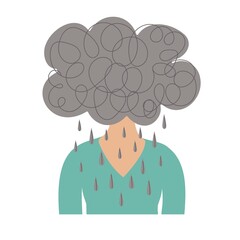 Woman having her head in a black rainy cloud. Conceptual illustration of upset, bad feelings and frustration. Depression idea. Menstrual syndrome and behavior change