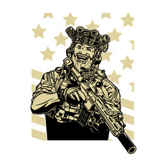 American soldier with gun smiles against the background of the flag, vector, cartoon, logo