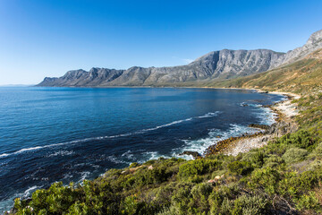 Fototapeta premium Scenic ocean shoreline of a small bay surrounded with mountains and Cape Fynbos plants with a blue sky 