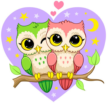 Two cartoon owls with heart and stars on background. Vector illustration isolated