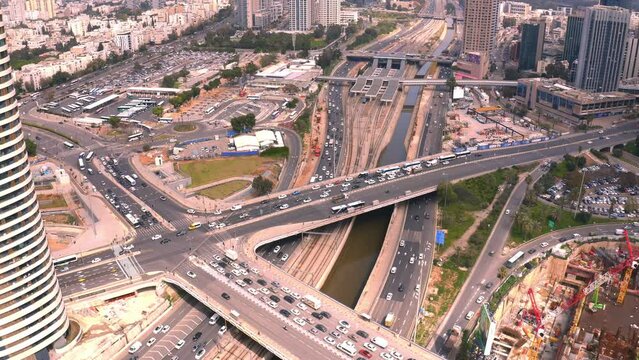 Tel Aviv Ayalon road junction bridge - 4k aerial drone footage, Israel