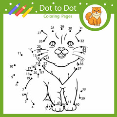Dot to dot children game. Activity page coloring book with cute cat. Connect drawing by numbers. Kids education worksheet. Vector illustration.