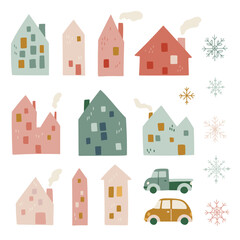 Vector houses set with snowflakes and cars