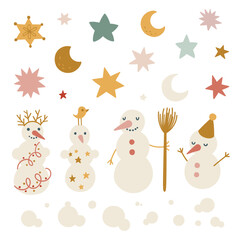 Snowman with stars and moon set, vector illustration