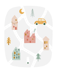 Christmas cart with houses and trees, vector illustration