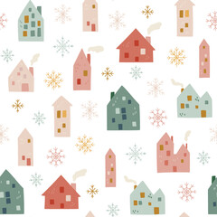 Vector christmas pattern, seamless winter background with houses
