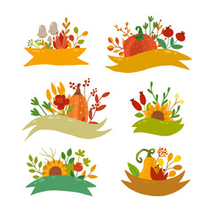 Autumn collection of vector decorative elements, pumpkins with ribbons
