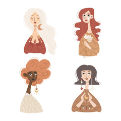 Mystical women set, decorative illustration vector