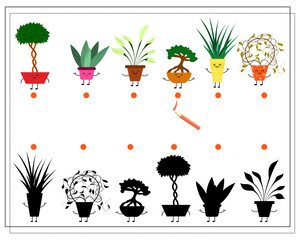 Childrens logic game find the right shadow, cute cartoon flower in a kawaii pot.