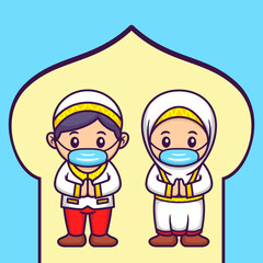 Cute Muslim Kids with Mask in Cartoon Background. Ramadan Vector Illustration. Flat Style Concept.