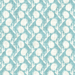 Aegean teal mottled flower linen texture background. Summer coastal living style 2 tone fabric effect. Sea green wash distressed grunge material. Decorative floral motif textile seamless pattern