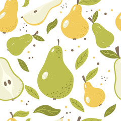 04Seamless pattern with fruit. Bright pears of different colors and sizes, pieces and leaves. Pattern on a white background. For textiles, paper, packaging. 