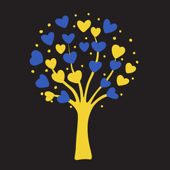 Abstract tree with blue and yellow hearts.