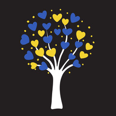 Abstract tree with blue and yellow hearts.