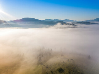 Morning fog in the Ukrainian Carpathians. Aerial drone view.