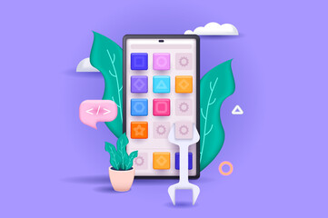 App development concept 3D illustration. Icon composition with settings and optimization of interface layout for mobile application at smartphone screen. Vector illustration for modern web design