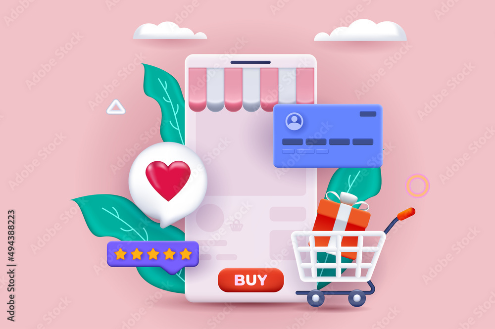 Poster mobile shopping concept 3d illustration. icon composition with mobile application for making purchas