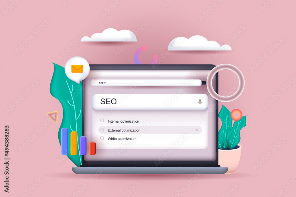 Poster SEO optimization concept 3D illustration. Icon composition with settings and promotion, increasing traffic, data analysis in browser on computer screen. Vector illustration for modern web design