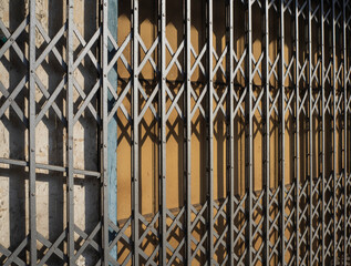 An old, rusty metal grill gate in front of wooden doors