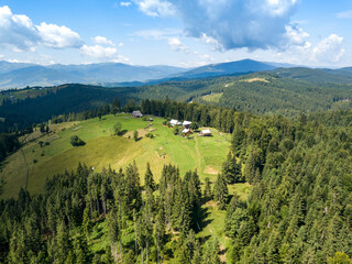 Obraz premium Green mountains of Ukrainian Carpathians in summer. Sunny day. Aerial drone view.