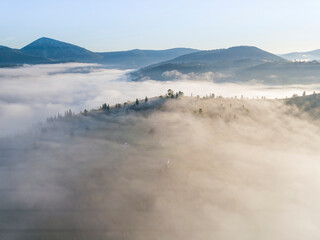 Flight over fog in Ukrainian Carpathians in summer. Mountains on the horizon. A thick layer of fog covers the mountains with a continuous carpet. Aerial drone view.