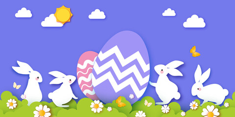 Happy Easter greetings card with Cute white rabbits in paper cut style. Bunny, flowers and butterfly. Spring holidays in modern style. Easter Egg Hunt with colorful eggs. Spring scene