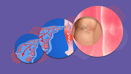 Varicose veins on a female senior legs. The structure of normal and varicose veins.