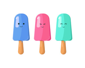 Big set of funny cheerful,friendly ice cream characters.Sweet kawaii smiling summer delicacy,tasty sundaes,gelatos with different tasties for kids designs and decorations, isolated on white. Vector.