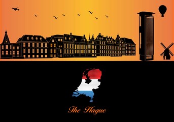 Hague city skyline silhouette - illustration, 
Town in Orange background, 
Map of Netherlands
