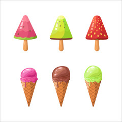 Ice cream collection, vector illustration. Watermelon and kiwi and strawberry