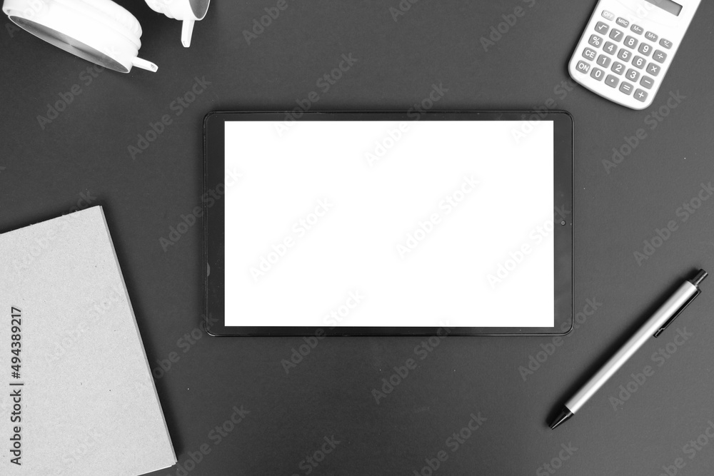Poster mock up digital tablet with blank screen, keyboard and copy space on white screen background